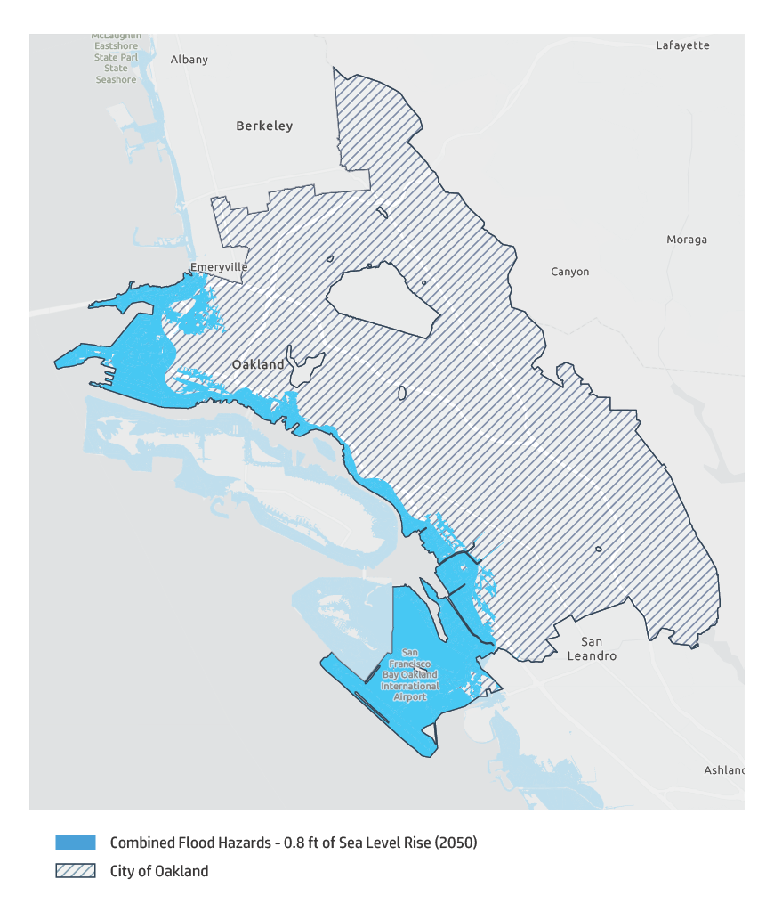 Map of Oakland shoreline assuming 0.8 feet of sea level rise by 2050.level rise 