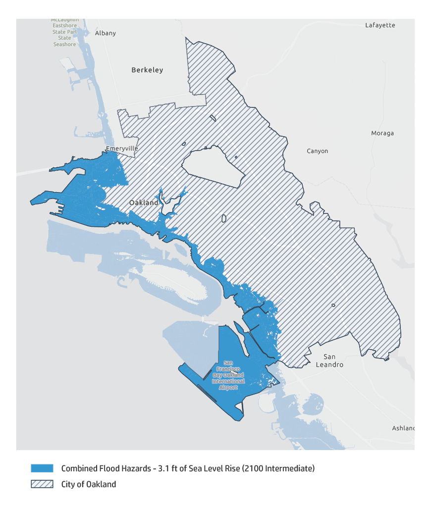 Map of Oakland shoreline at 3.1 feet sea level rise
