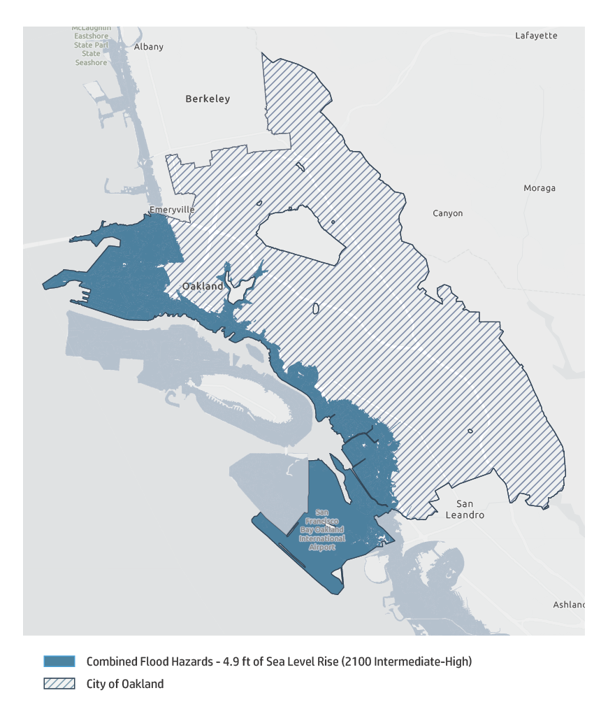 Map of Oakland shoreline at 4.5 feet sea level rise