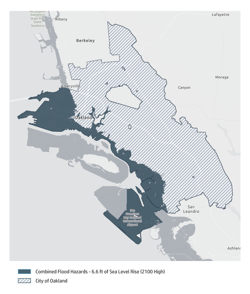 Map of Oakland shoreline at 6.6 feet sea level rise
