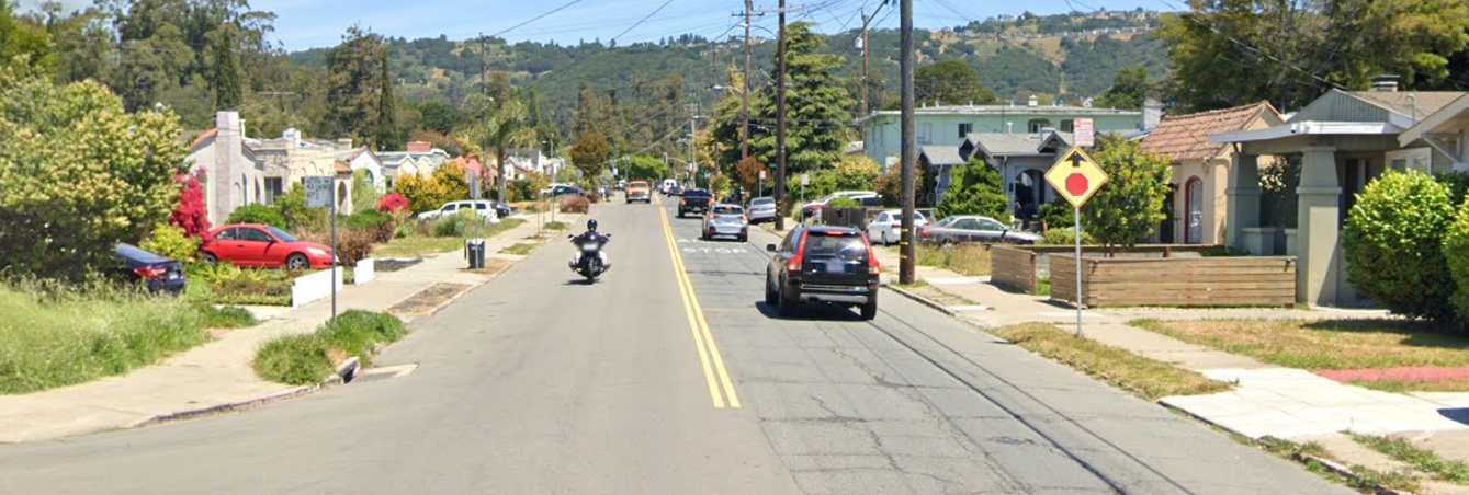Seminary Avenue between Foothill Blvd and Camden Street. A street with one wide lane in each direction and houses on both sides.