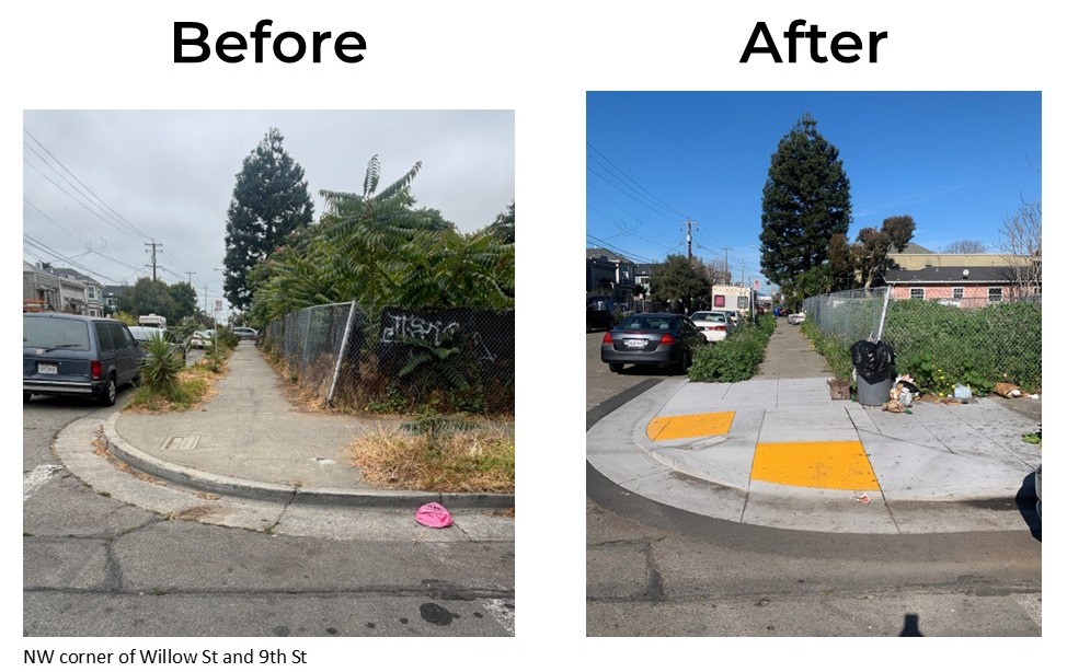 Before and after photo of the corner of Willow St and 9th St. Before photo has no curb ramp. After photo shows two newly constructed ADA curb ramps