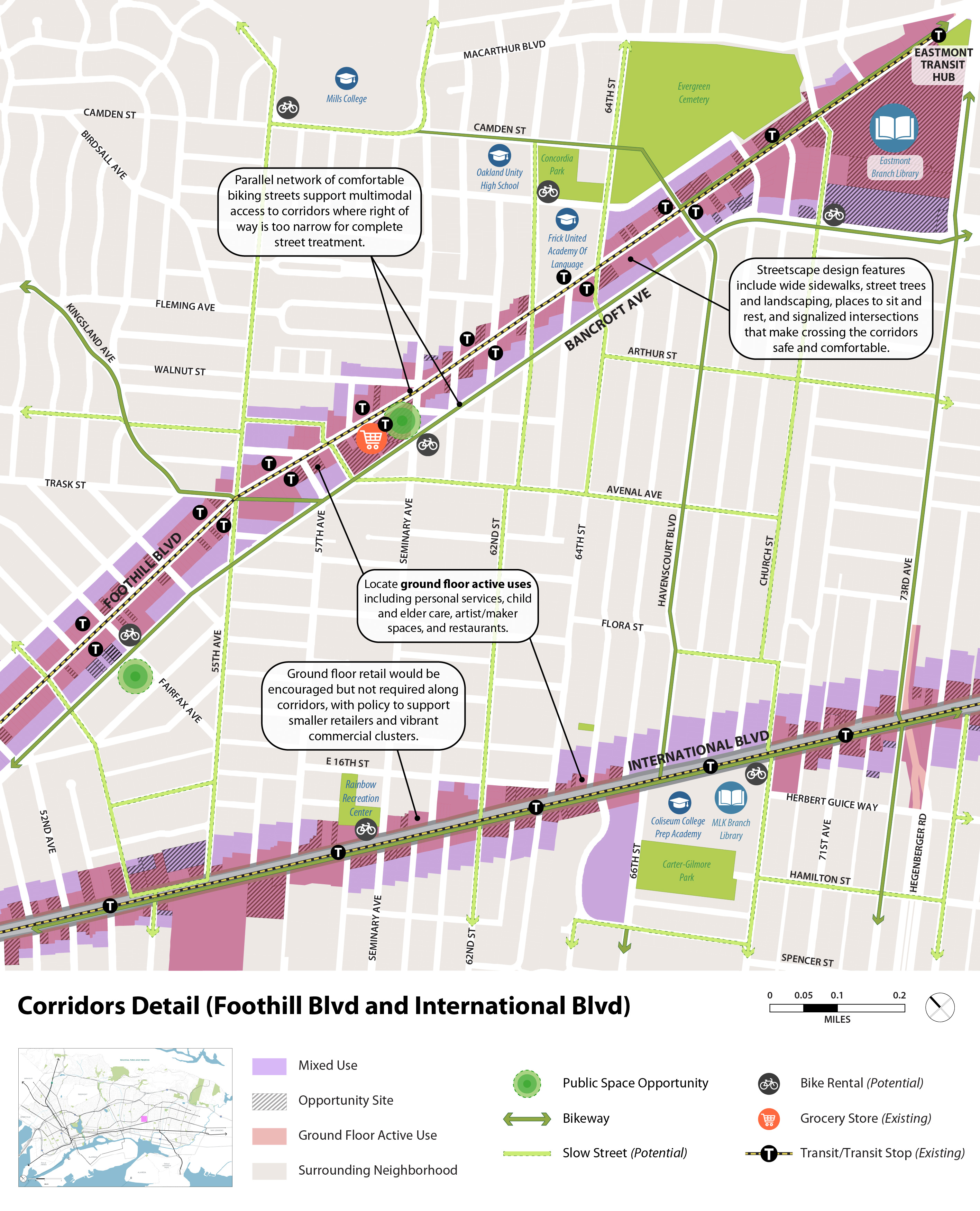 Detail map showing Option B areas of change west of Eastmont Mall, including new mixed use, opportunity sites, ground floor active use corridors, public space opportunities, potential slow streets& bike share stations, and a potential grocery store.