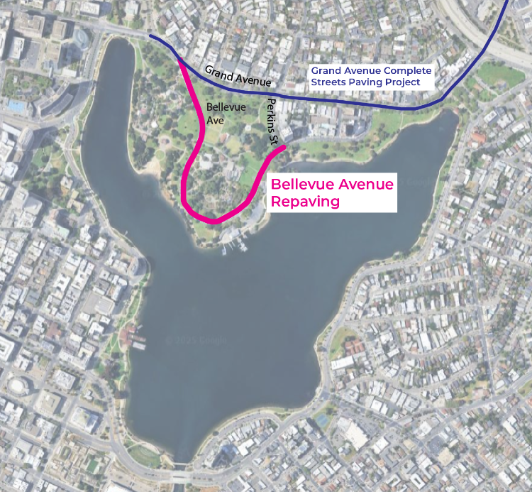 Map showing Lake Merritt and the Bellevue Avenue Paving Project from Grand Avenue to Perkins Street