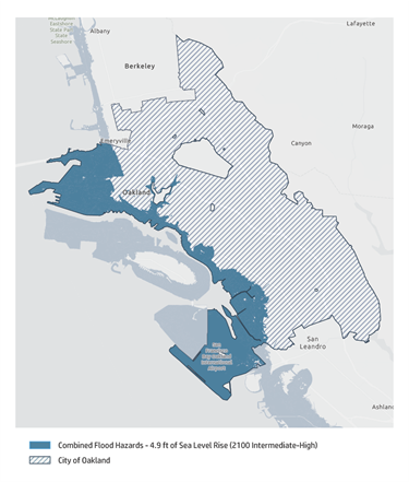 Map of Oakland shoreline flooding assuming 4.5 feet of sea level rise by 2050.