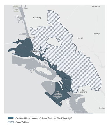 Map of Oakland shoreline flooding assuming 6.6 feet of sea level rise by 2050.